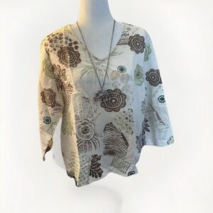 Hot Cotton Women’s Top Sz L Cotton Linen Blend‎ Beige Floral Print V-neck Tunic